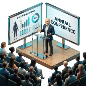 3D rendered scene of a presenter delivering a body composition education session to a seated audience of corporate professionals